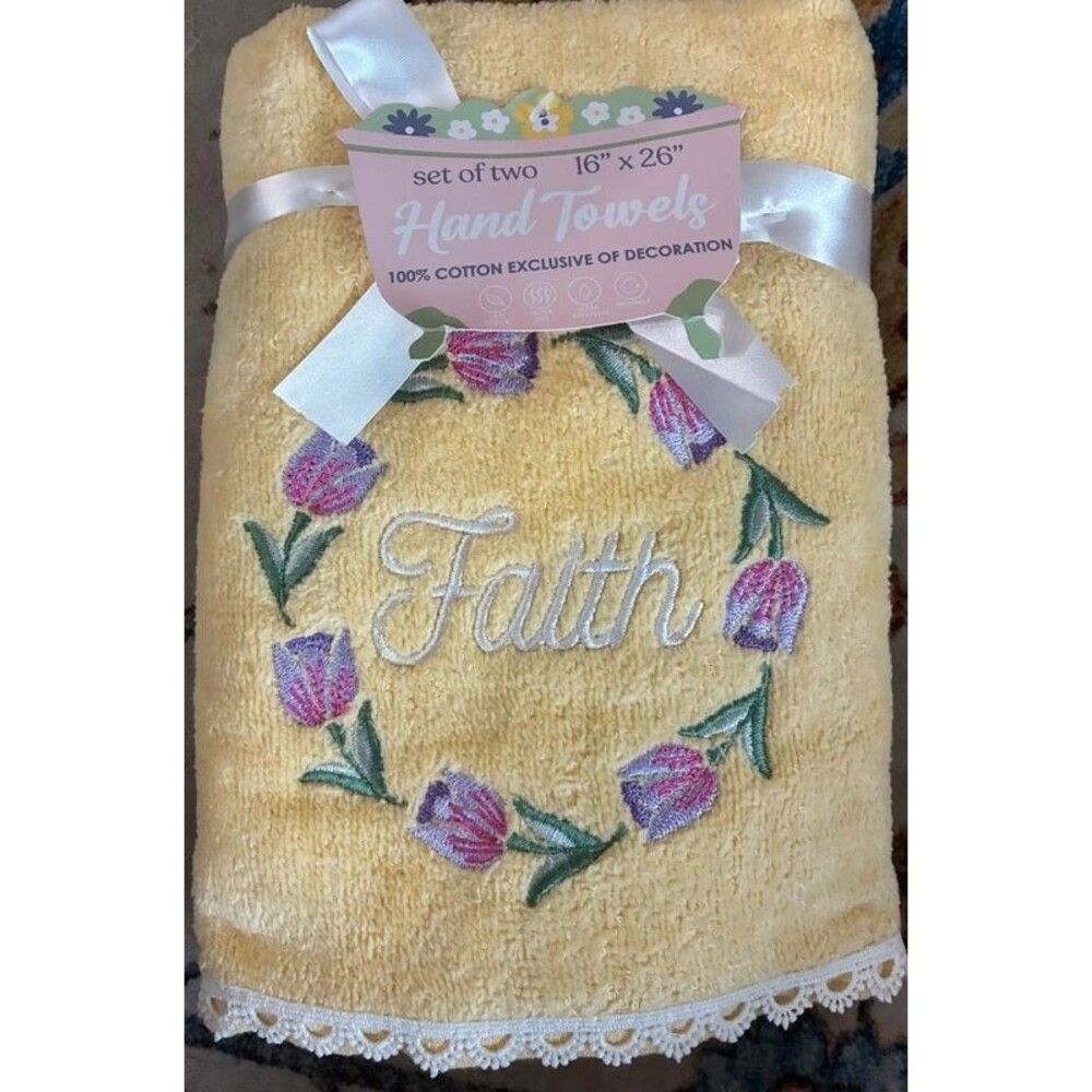Faith Floral Embroidered Hand Towels Set of 2 Yellow 16x26 Cotton